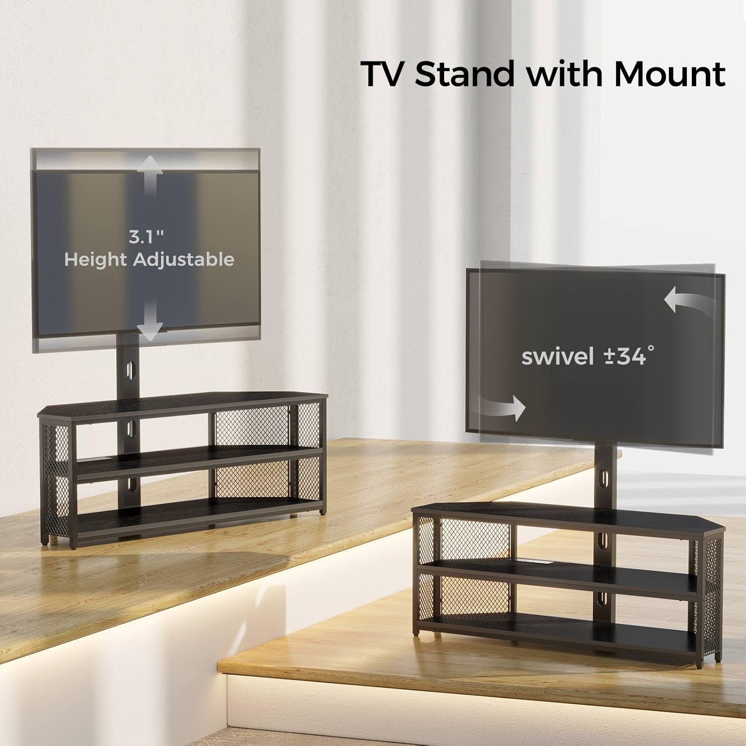 TV Stand with Mount and Power Outlet, Swivel TV Stand with LED Lights for 32/45/55/60/65/70 Inch Tvs, Black Entertainment Center Media Console with Height Adjustable Mount