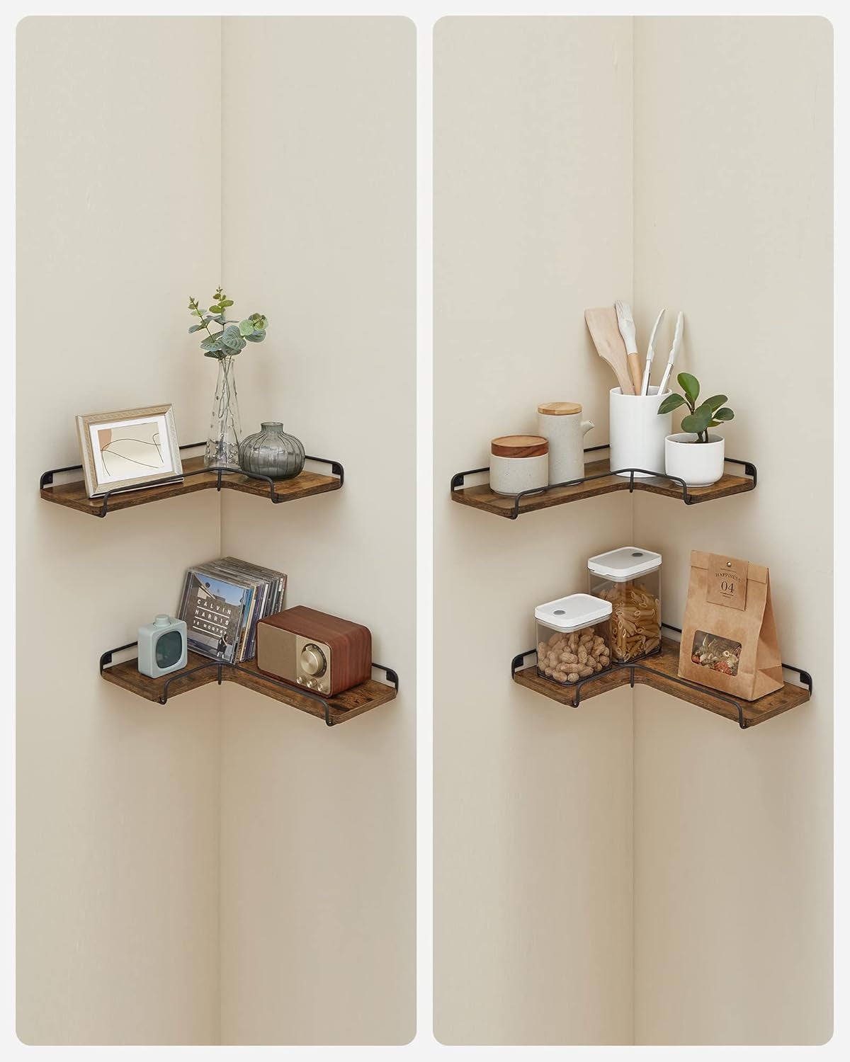 Corner Shelf Wall Mount Set of 2, Floating Shelves, Small Wall Shelf for Decor Storage, for Living Room Bedroom Kitchen Bathroom, Rustic Brown and Black ULLS831B01