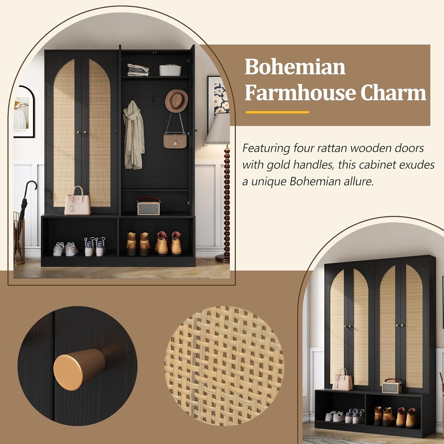 Farmhouse Hall Tree with 4 Rattan Doors & Bench - 55.1" Entryway Shoe Cabinet, 6 Hooks, Adjustable Shelf, Mid-Century Storage for Living Room, Black