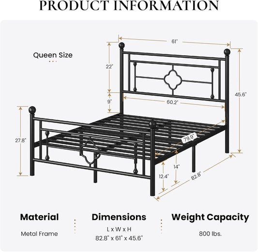 14 Inches Queen Size Metal Platform Bed Frame/Vintage Iron-Art Headboard and Footboard/Mattress Foundation for Storage/No Box Spring Needed/Noise-Free/Easy Assembly/Black
