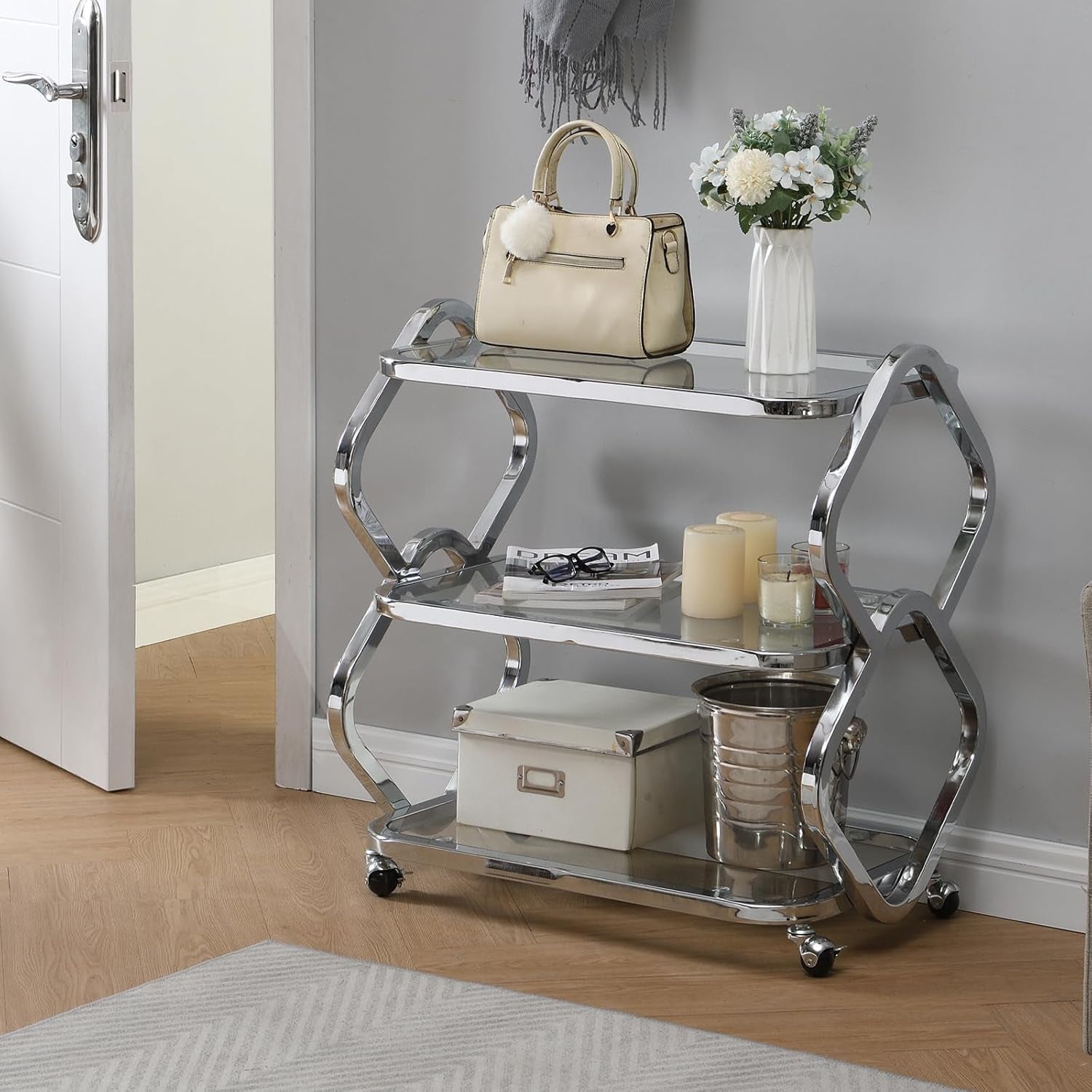 Silver Bar Cart with Wheels Glass Bar Cart for Home Metal Console Table Serving Cart with Storage for Club Spa Cafe Entryway Kitchen Living Room Hallway Sofa