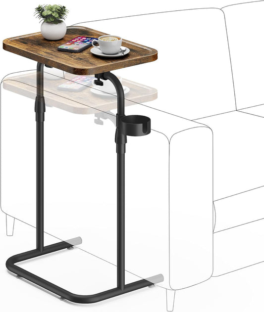 C Shaped End Table with Tiltable Surface, Adjustable Height Side Table, Slide under Couch Table TV Tray for Eating, Sofa Tray for Livingroom, Bedroom Brown TB01BB091