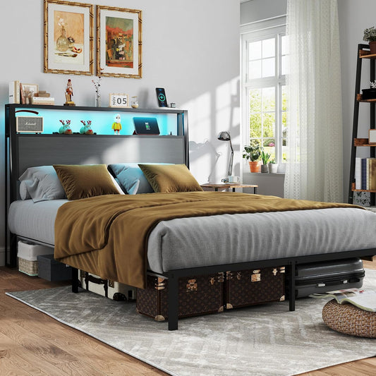 Queen Size Bed Frame with Headboard, Metal Platform Bed Frame with LED Lights & Charging Station, under Bed Storage, Solid and Stable, No Box Spring Needed, Noise Free, Easy Assembly, Dark Grey