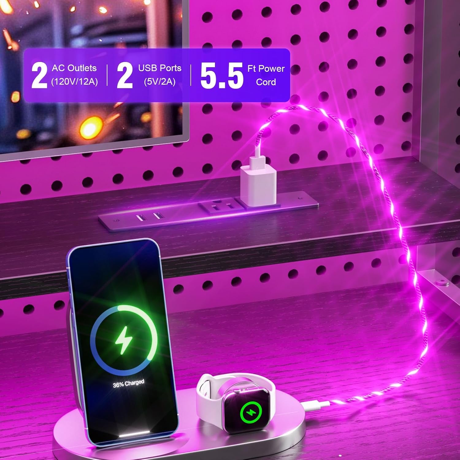 Computer Gaming Desk with Hutch, Home Office Desk with Power Outlets, LED Light, 5 Storage Drawers, 2 Tiers Shelves for Display, 39 Inch Modern Study Writing Table for Bedroom, Black