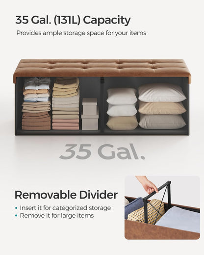 MAZIE Collection - 43 Inches Storage Ottoman Bench with Flipping Lid, Storage Chest with Iron Frame Support, Load 660 Lb, for Living Room, Bedroom, Synthetic Leather, Coffee Brown ULSF075K01