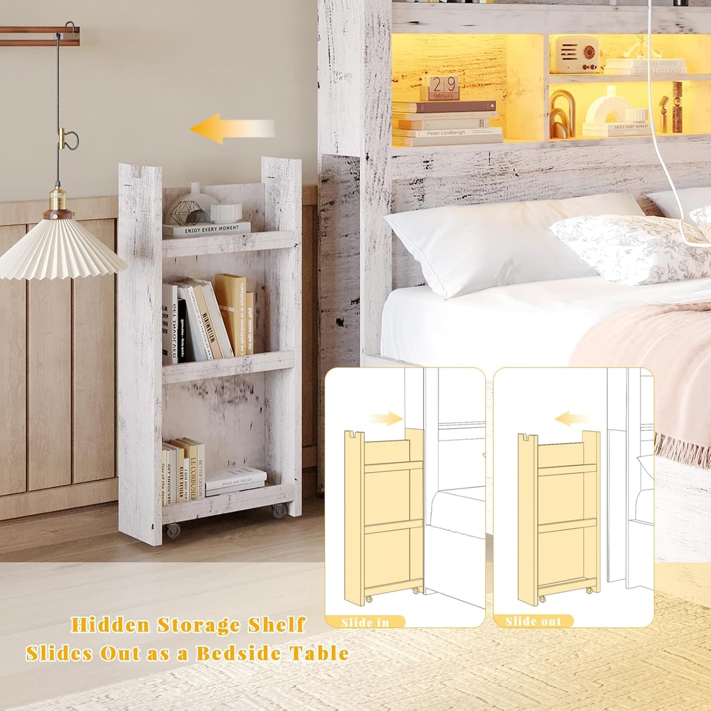 King Bed Frame with 49.6" Bookcase Headboard & 2 Bedside Stoage Racks & 4 Drawers, Farmhouse Wood Bed Frame with RGB LED & Charging Station, No Box Spring Needed, Distressed White