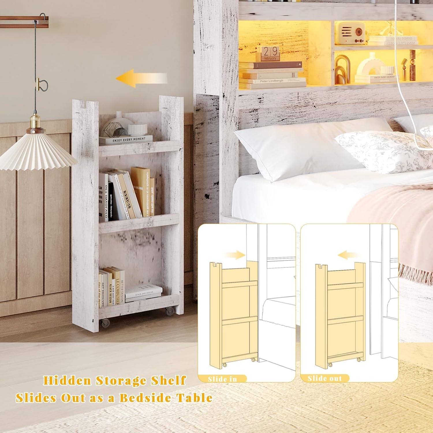 King Bed Frame with 49.6" Bookcase Headboard & 2 Bedside Stoage Racks & 4 Drawers, Farmhouse Wood Bed Frame with RGB LED & Charging Station, No Box Spring Needed, Distressed White