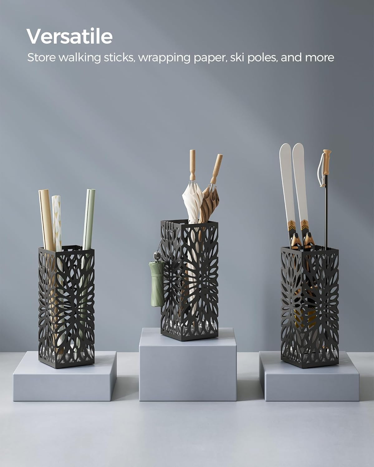 Umbrella Stand, Umbrella Holder for Entryway, Steel Square Umbrella Rack Organizer Freestanding, for Canes Walking Sticks, with a Detachable Drip Tray, 4 Hooks, Black ULUC026B33