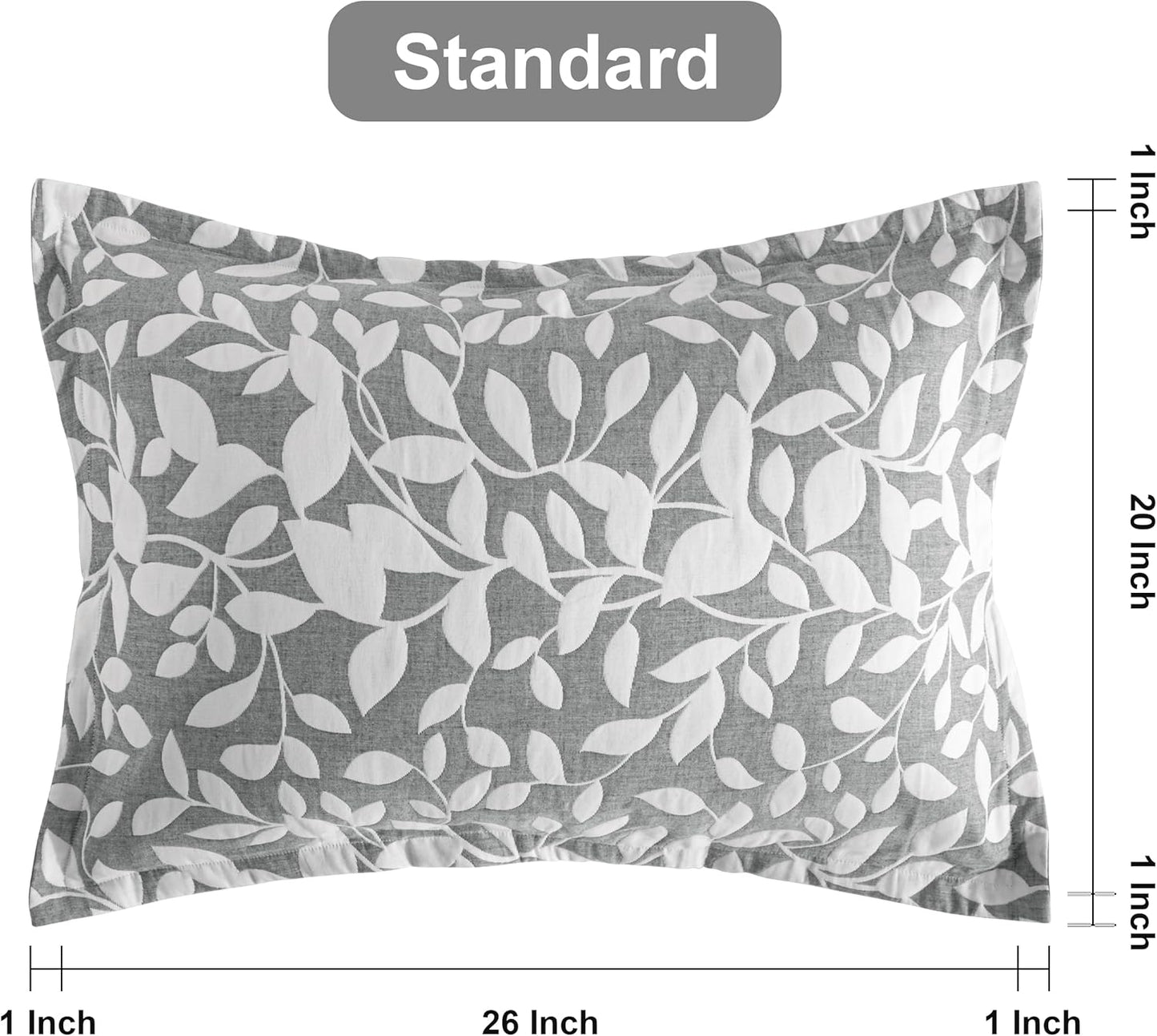 Cotton Standard Pillow Shams, 3 Layer Muslin Breathable Soft Thermal Yarn Dyed Sham Covers, 2 Pack 20X26 Oxford Pillowcases with Envelope Closure, Grey Leaf