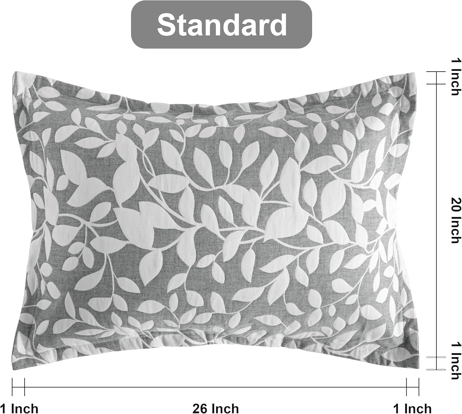 Cotton Standard Pillow Shams, 3 Layer Muslin Breathable Soft Thermal Yarn Dyed Sham Covers, 2 Pack 20X26 Oxford Pillowcases with Envelope Closure, Grey Leaf