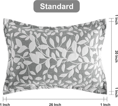 Cotton Standard Pillow Shams, 3 Layer Muslin Breathable Soft Thermal Yarn Dyed Sham Covers, 2 Pack 20X26 Oxford Pillowcases with Envelope Closure, Grey Leaf