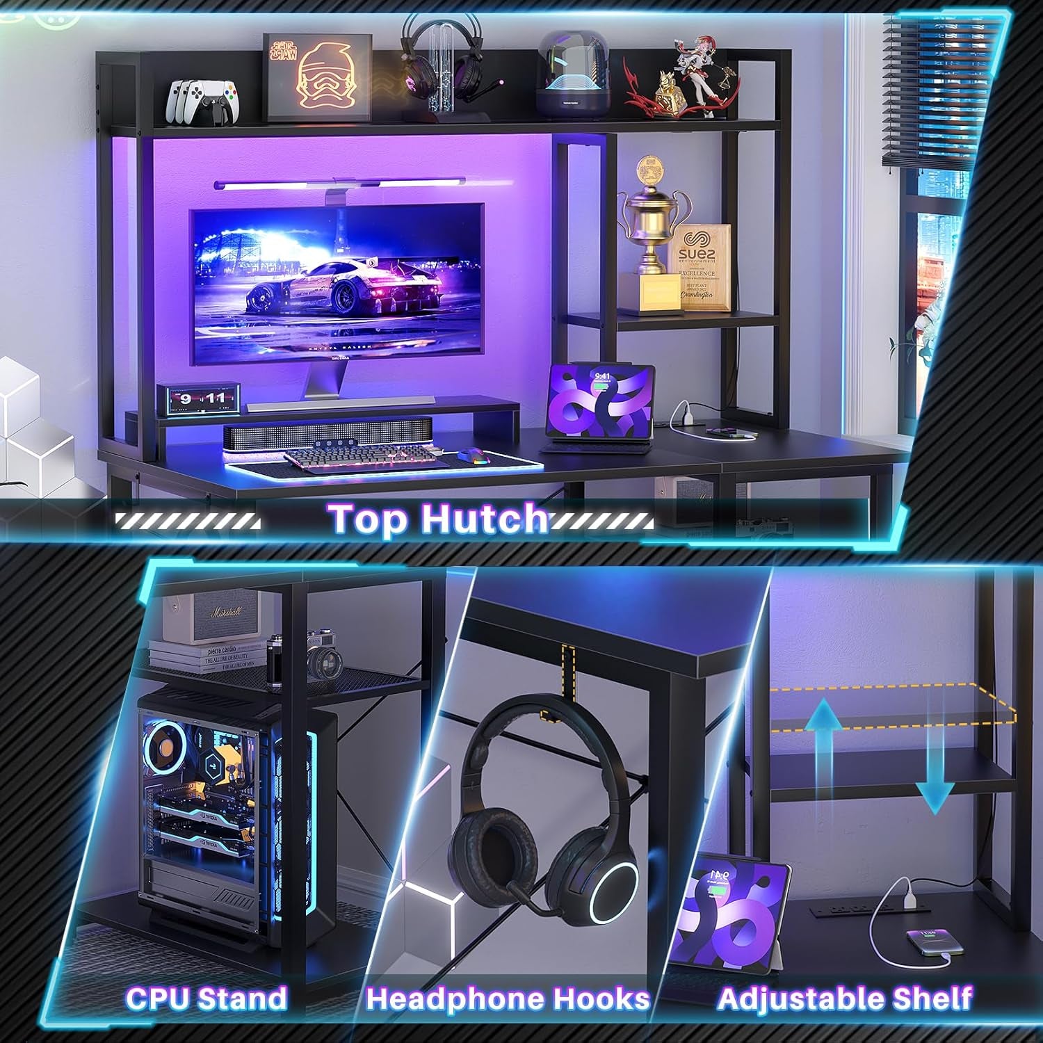 Gaming Desk with Hutch, 39'' Computer Desk with LED Lights & Power Outlets, Home Office Desk with Reversible 5 Tiers Storage Shelves & Monitor Stand, Small Gaming Table for Small Space, Black