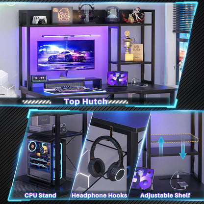 Gaming Desk with Hutch, 39'' Computer Desk with LED Lights & Power Outlets, Home Office Desk with Reversible 5 Tiers Storage Shelves & Monitor Stand, Small Gaming Table for Small Space, Black