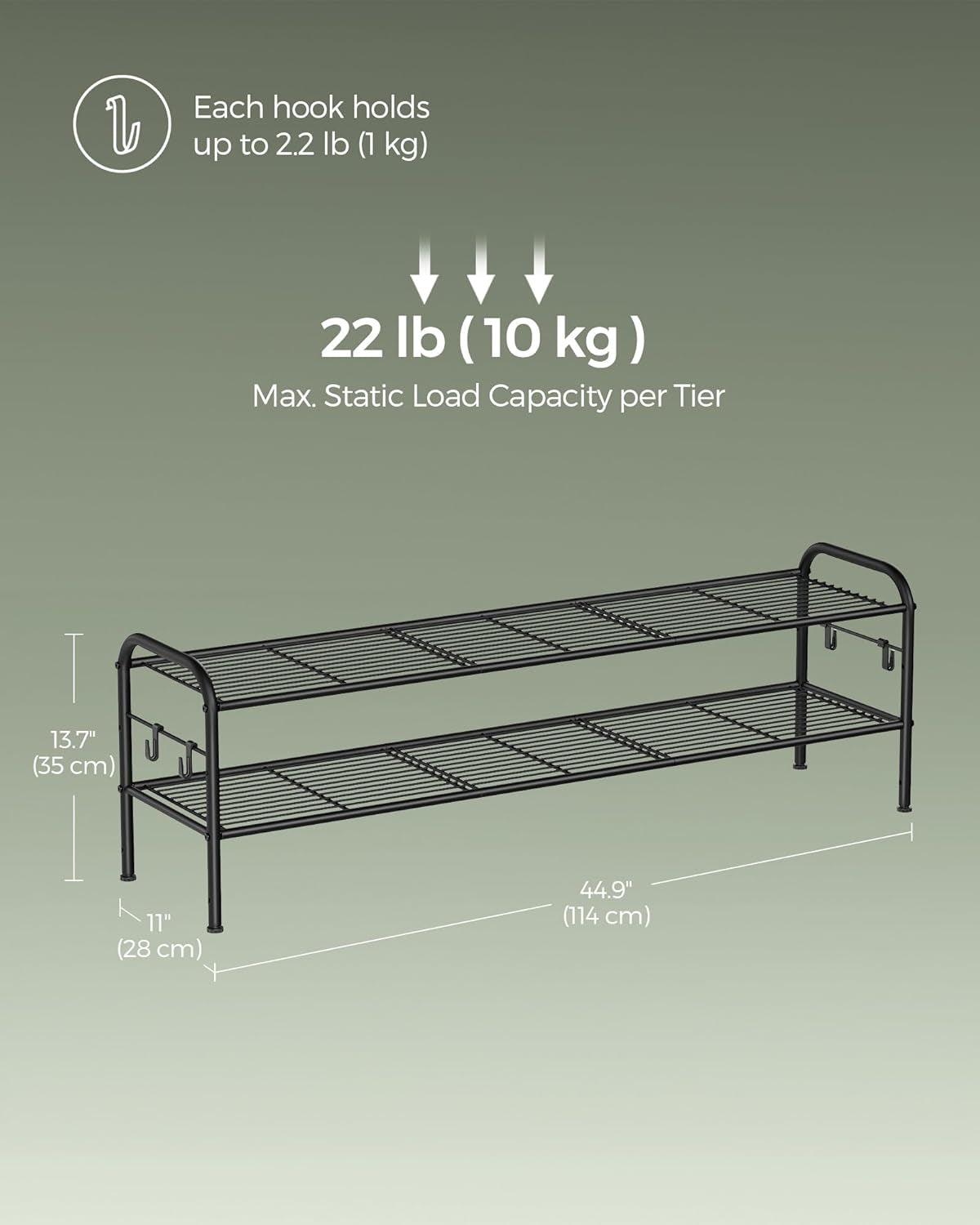Shoe Rack, 2-Tier Shoe Organizer, Metal Shoe Shelf Storage with 4 Side Hooks, Holds 12 Pairs of Shoes, Height-Adjustable Shoe Rack for Entryway, Hallway, Closet, Easy Assembly, Ink Black