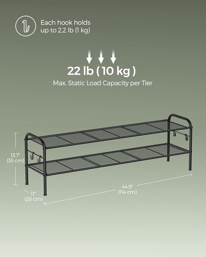 Shoe Rack, 2-Tier Shoe Organizer, Metal Shoe Shelf Storage with 4 Side Hooks, Holds 18 Pairs of Shoes, Height-Adjustable Shoe Rack for Entryway, Hallway, Closet, Ink Black ULMR121B01