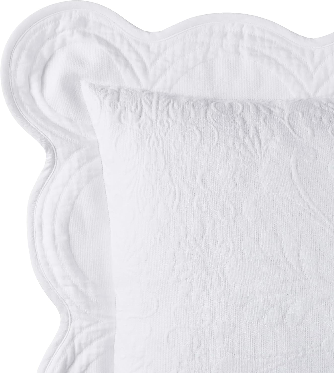 Charleston Estate Modern Farmhouse Floral Matelasse Decorative Pillowcase with Scalloped Edges, 100% Cotton Breathable Bedding, King Sham (20" X 36"), White Floral
