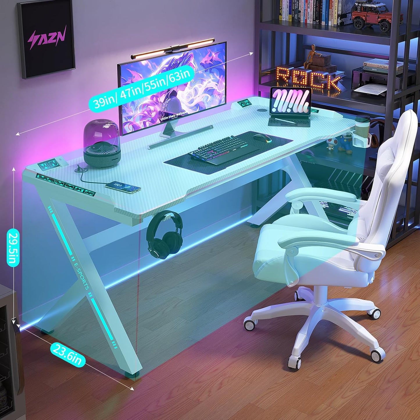Gaming Desk, 55'' Computer Desk, Gaming Desk W/Led Lights & Carbon Fiber Desktop, Home Office Desks W/Ergonomic Design, Computer Desks W/Cup Holder, Headphone Holder, Cable Organizer
