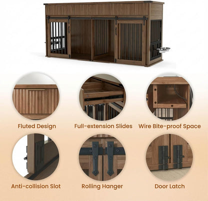 71'' Double Dog Crate Furniture for 2 Dogs, XXL Wooden Indoor Dog Kennel with 3 Fluted Drawers & Charging Station, Removable Divider, 360° Rotating Feeder, TV Stand or Side Table, Walnut