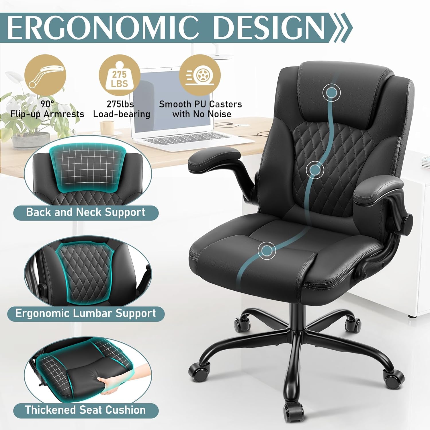 Leather Office Chair, PU Home Computer Desk Chairs with Ergonomic Back Support, 360°Swivel Free, Small Gaming Chair with Wheels and Adjustable Armrests, for Short People Use