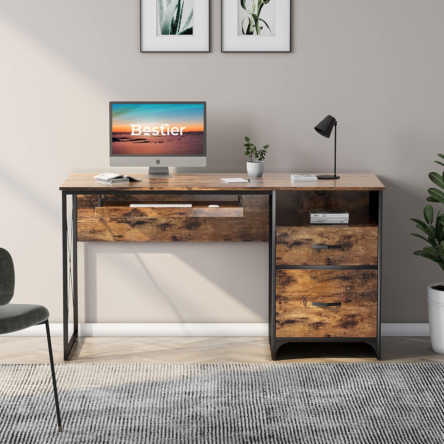 Office Desk with Drawers, 55 Inch Industrial Computer Desk with Storage, Wood Teacher Desk with Keyboard Tray & File Drawer for Home Office, Rustic Brown