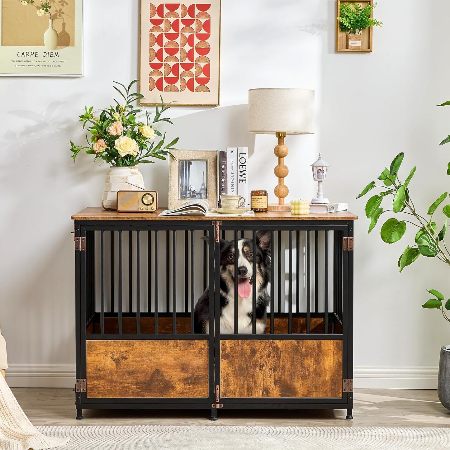 43.7" Inch Dog Crate Furniture with Cushion for Large Dogs, Wooden Heavy Duty Dog Kennel with Double Doors Indoor, Decorative Pet House Dog Cage Side End Table, Rustic Brown