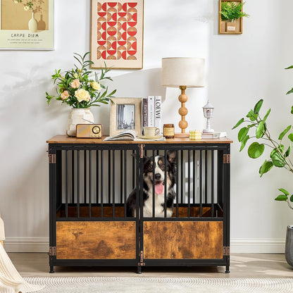 43.7" Inch Dog Crate Furniture with Cushion for Large Dogs, Wooden Heavy Duty Dog Kennel with Double Doors Indoor, Decorative Pet House Dog Cage Side End Table, Rustic Brown