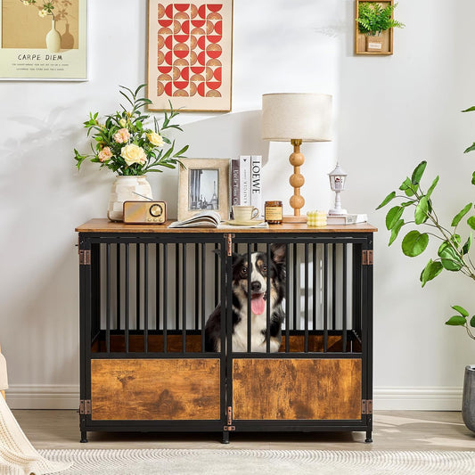 43.7" Inch Dog Crate Furniture with Cushion for Large Dogs, Wooden Heavy Duty Dog Kennel with Double Doors Indoor, Decorative Pet House Dog Cage Side End Table, Rustic Brown