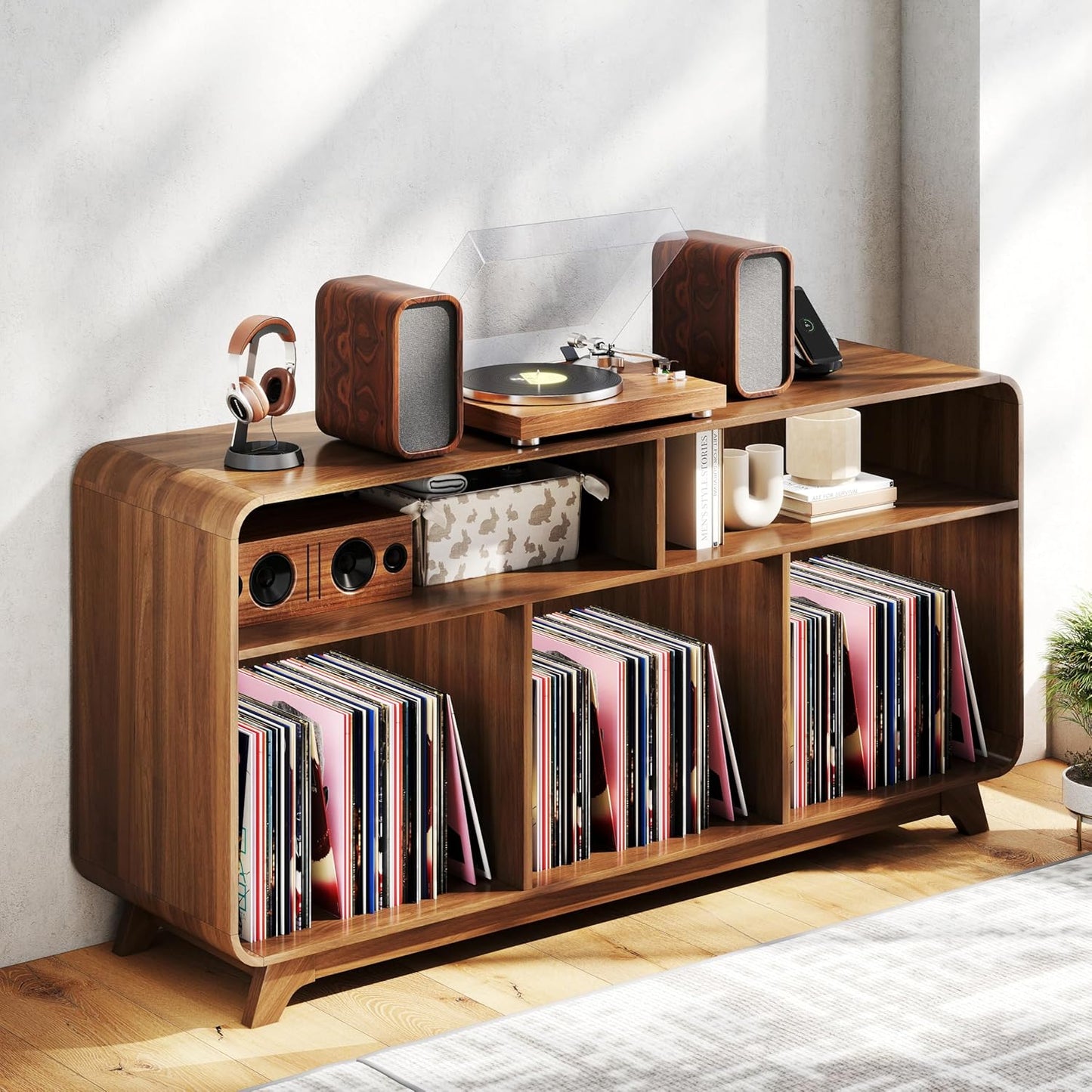 Record Player Stand with Vinyl Storage Cabinet with Charging Station & USB Ports, Turntable Stand Table Holds up to 350 Albums, Curved Vinyl Record Cabinet for Living Room (Walnut, 55-Inch)