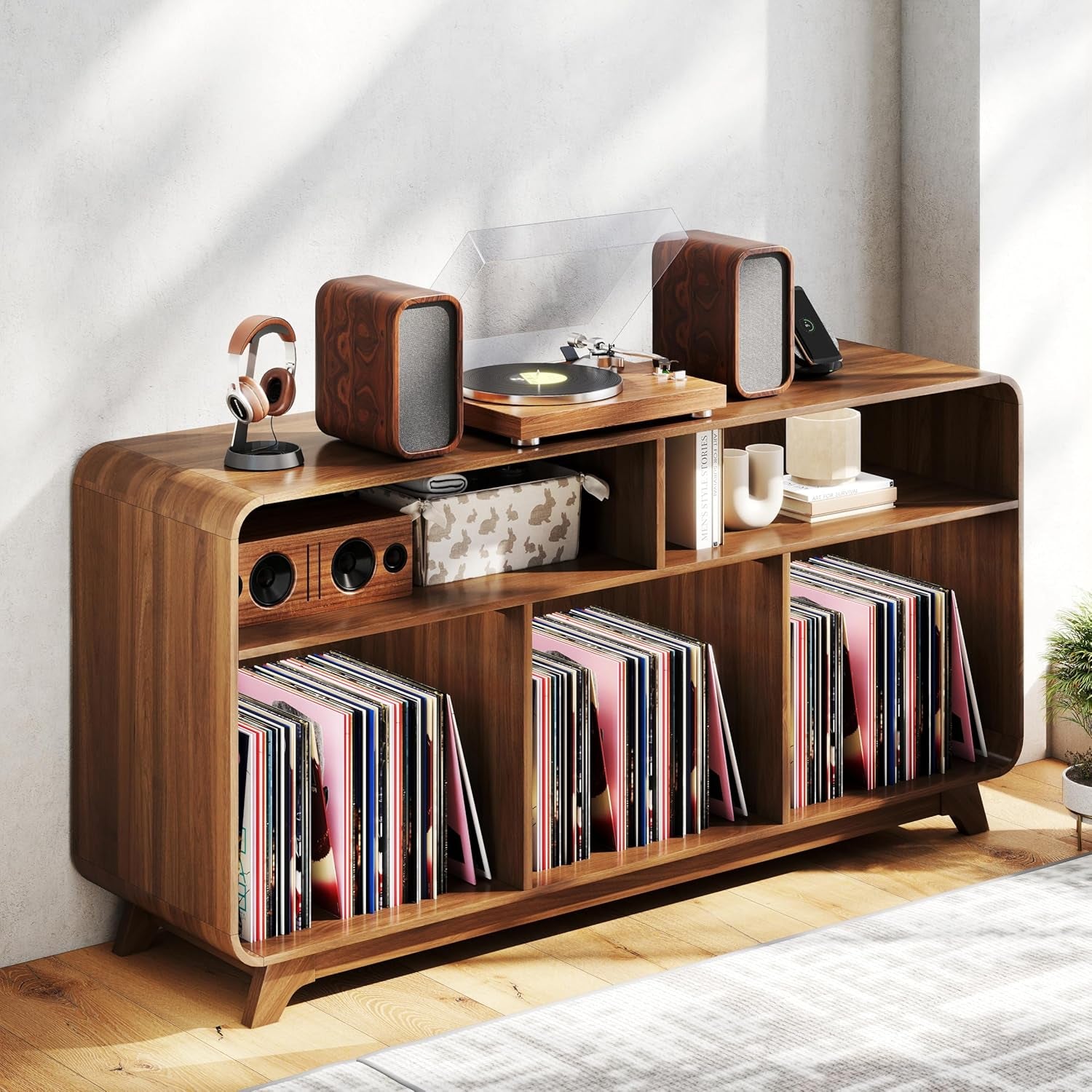 Record Player Stand with Vinyl Storage Cabinet with Charging Station & USB Ports, Turntable Stand Table Holds up to 350 Albums, Curved Vinyl Record Cabinet for Living Room (Walnut, 55-Inch)