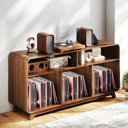 Record Player Stand with Vinyl Storage Cabinet with Charging Station & USB Ports, Turntable Stand Table Holds up to 350 Albums, Curved Vinyl Record Cabinet for Living Room (Walnut, 55-Inch)