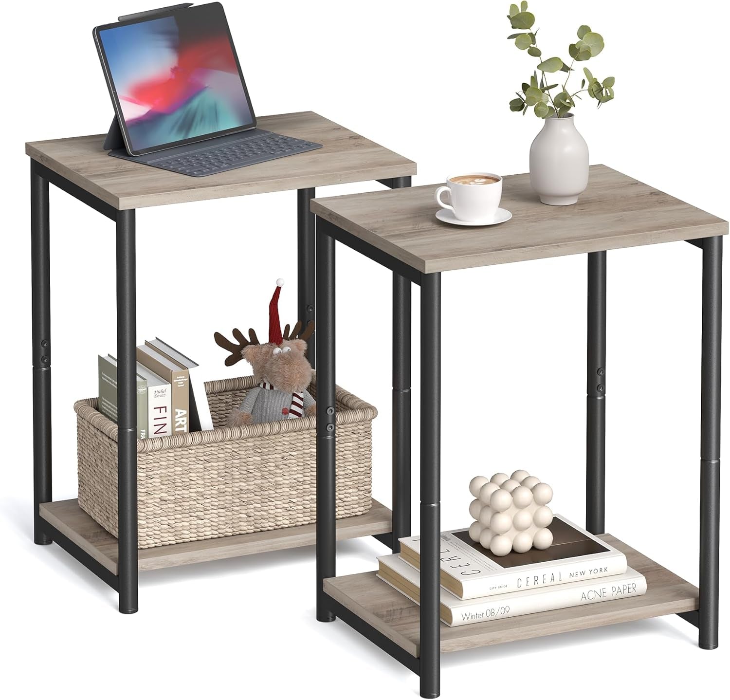 Side Tables Set of 2, Small End Table, Nightstand for Living Room, Bedroom, Office, Bathroom, Greige and Black ULET272B02