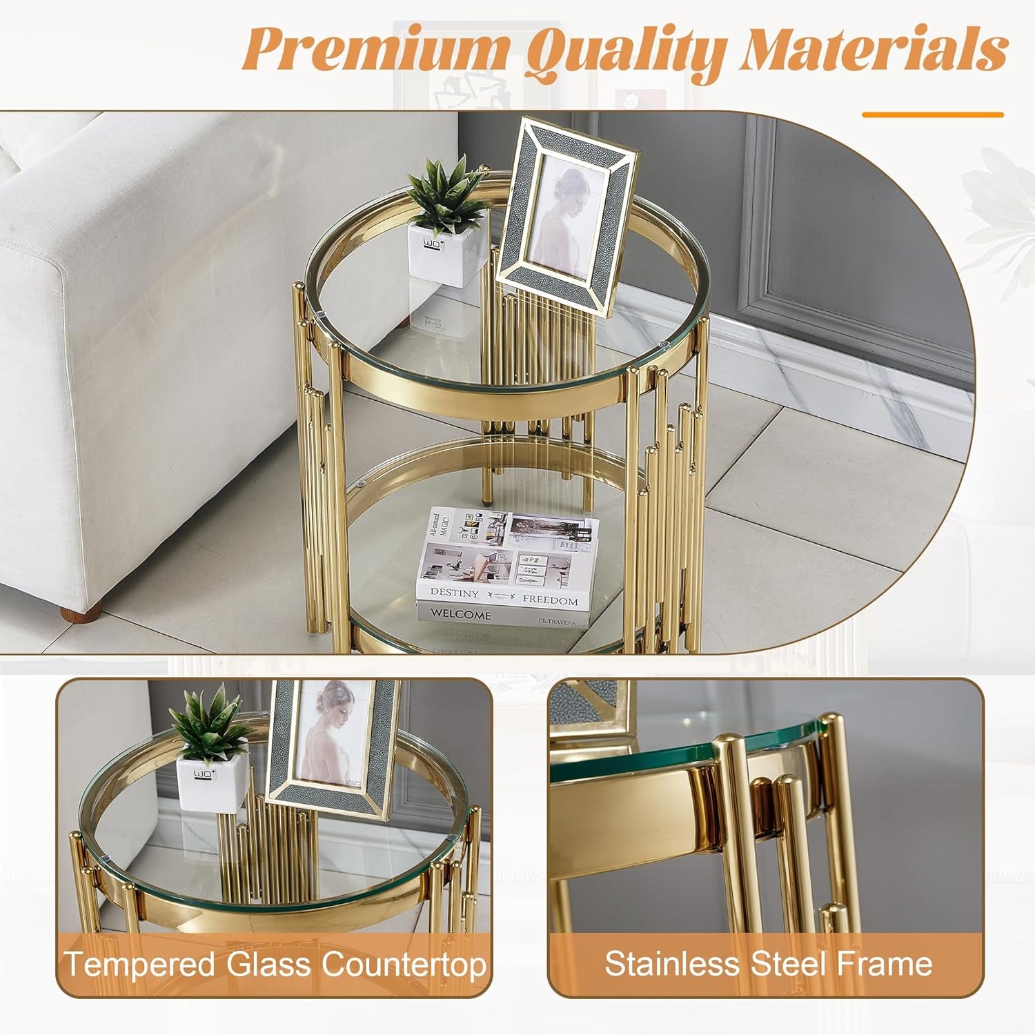 Round Glass Coffee Table Set of 3, Gold Living Room Table Set with Coffee Table and 2 End Table, 2-Tier Glass Table with Stainless Steel Legs and Clear Tempered Glass for Living Room