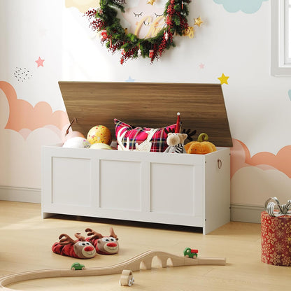 Storage Bench, 39.3" Retro Wooden Storage Chest, Wooden Storage Trunk, Toy Chest with Lift Top, Multifunctional Entryway Organizer, for Entryway, Living Room, White and Walnut WH141CW01