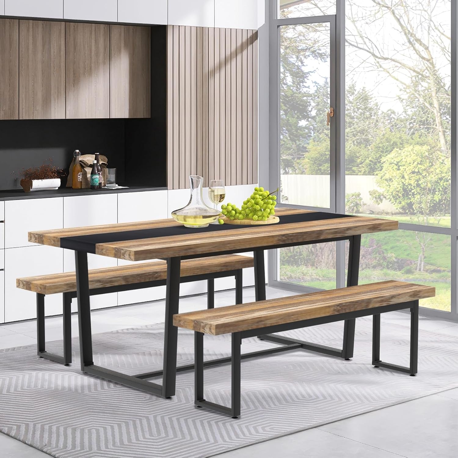 59” Dining Bench Pair of 2 for 6-8 Person, Farmhouse Indoor Kitchen Table Benches, Bed Bench, Industrial Shoe Bench (Brown 2Pcs)