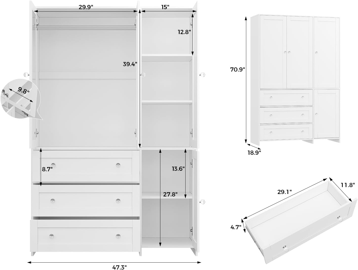 Armoire Wardrobe Closet with Drawers and Mirror, 71" Clothing Storage Cabinet with Hanging Rod, 4 Doors Wooden Wardrobe Cabinet for Bedroom, Large Capacity Storage