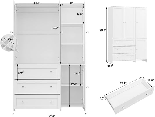 Armoire Wardrobe Closet with Drawers and Mirror, 71" Clothing Storage Cabinet with Hanging Rod, 4 Doors Wooden Wardrobe Cabinet for Bedroom, Large Capacity Storage