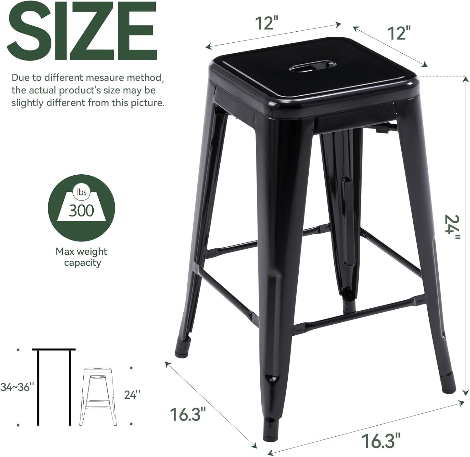 24" Bar Stools Black Backless Metal Barstools Indoor-Outdoor Counter Height Stools with Square Seat, Set of 2 - VF1571001