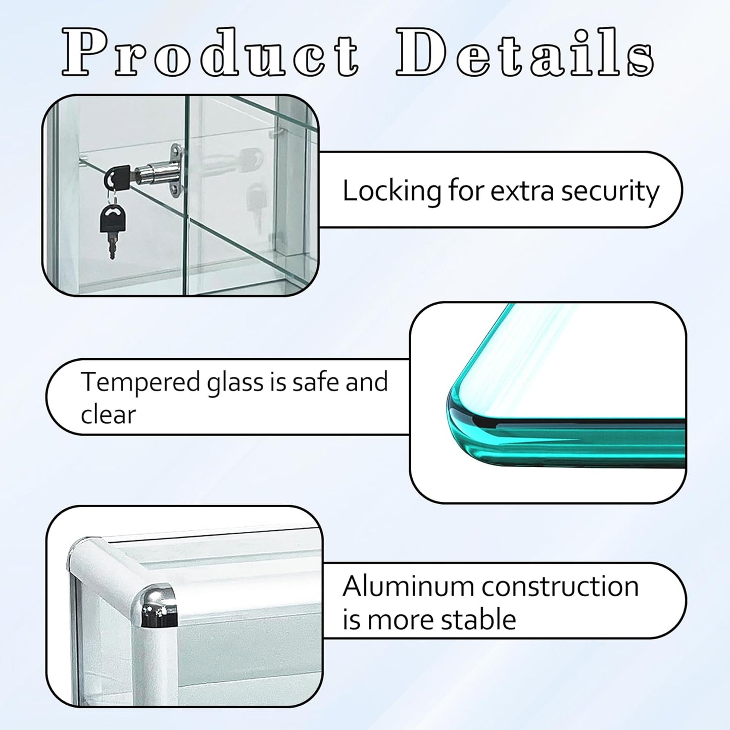 Aluminum Display Showcase with Removable Glass Shelves, Tempered Counter Top Glass Case with Lock and Key (Silver, 24" L X 12" D X 18" H)