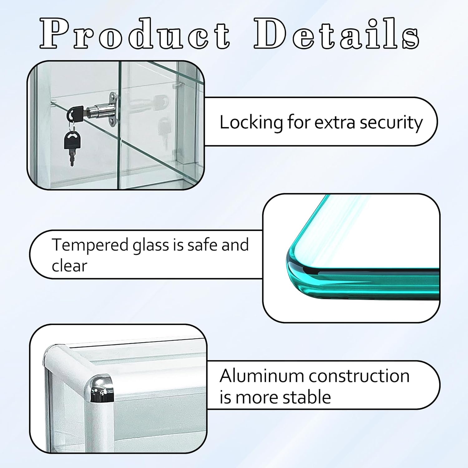 Aluminum Display Showcase with Removable Glass Shelves, Tempered Counter Top Glass Case with Lock and Key (Silver, 24" L X 12" D X 18" H)