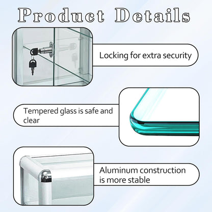Aluminum Display Showcase with Removable Glass Shelves, Tempered Counter Top Glass Case with Lock and Key (Silver, 24" L X 12" D X 18" H)
