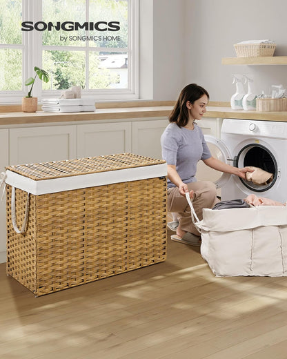 Laundry Hamper with Lid, 200 L Clothes Hamper with 2 Removable Liner Bags, 6 Mesh Bags, Wicker Laundry Basket, Double Laundry Hamper for Bathroom, 15.7 X 33.9 X 24 Inches, Natural ULCB452Y01