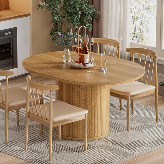 43.3''-59'' Extendable round Dining Table for 4, Modern Farmhouse Expandable Dining Table with Wood Strip Base for Kitchen Living Room,Natural