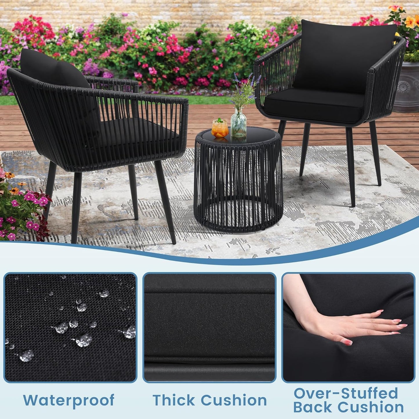 3 Pieces Patio Rattan Bistro Conversation Set, Outdoor All-Weather Wicker Furniture Chairs and Side Table Set Ideal for Balcony, Porch and Backyard, Black