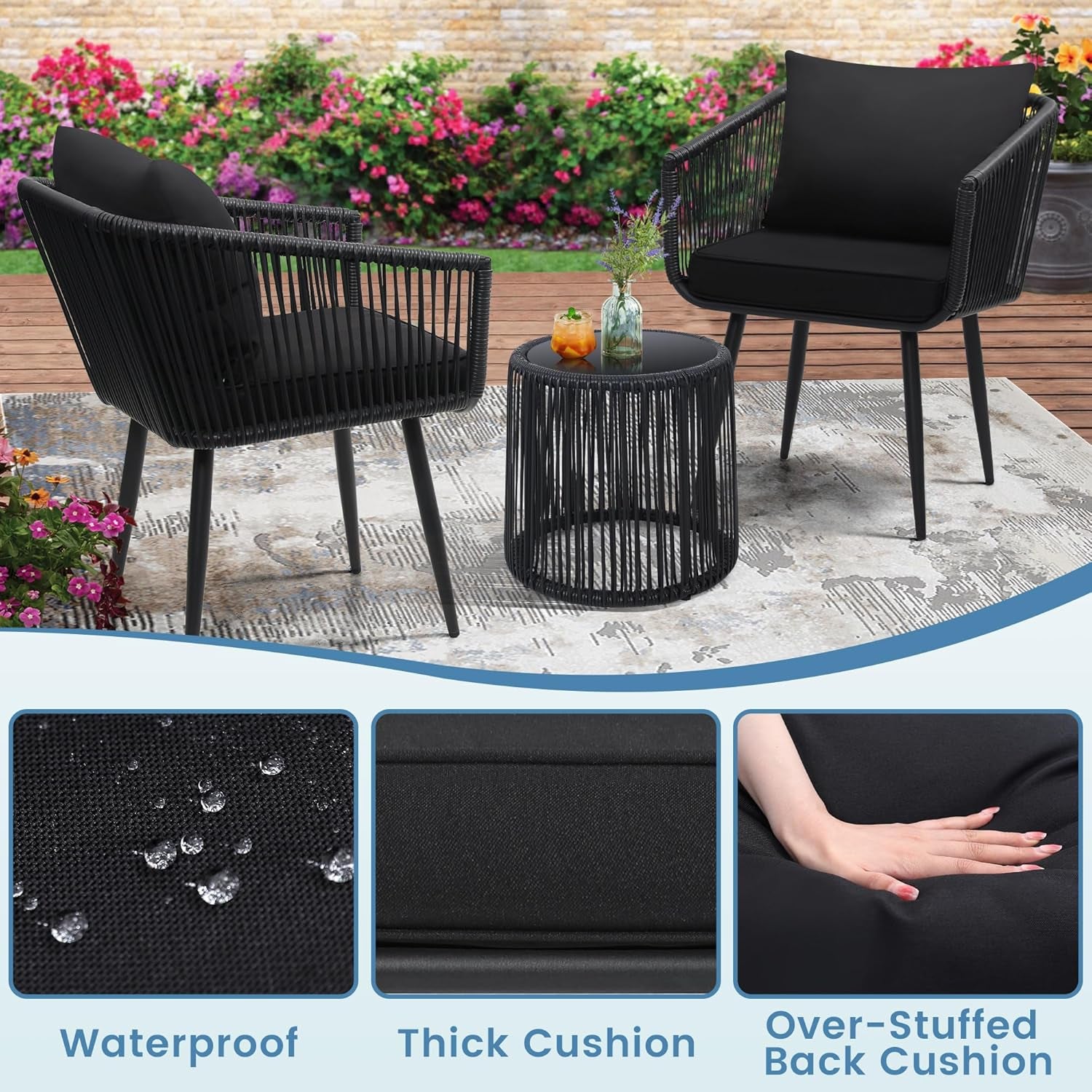3 Pieces Patio Rattan Bistro Conversation Set, Outdoor All-Weather Wicker Furniture Chairs and Side Table Set Ideal for Balcony, Porch and Backyard, Black
