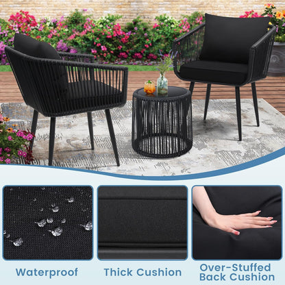3 Pieces Patio Rattan Bistro Conversation Set, Outdoor All-Weather Wicker Furniture Chairs and Side Table Set Ideal for Balcony, Porch and Backyard, Black