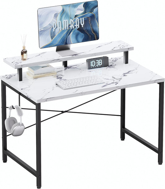 32 Inch Small Computer Desk with Monitor Stand, Simple Office Desk with Headphone Hook for Small Spaces, Kids Study Writing Table for Bedroom, Marble