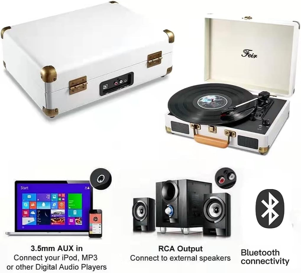 Vinyl Record Player Bluetooth with Speakers 3 Speed Portable Turntable Suitcase Built in 2 Speakers RCA Line Out AUX Headphone Jack PC Recorder-White