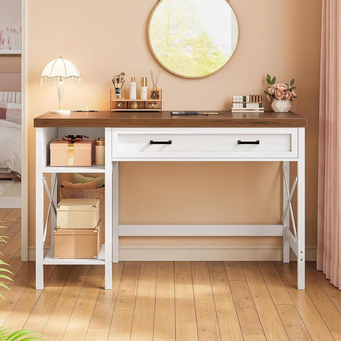 Farmhouse Small Desk with Drawers, 40" Computer Desk with Storage Shelves, White Writing Desk for Small Space and Power Outlet, Desk for Bedroom, Home Office