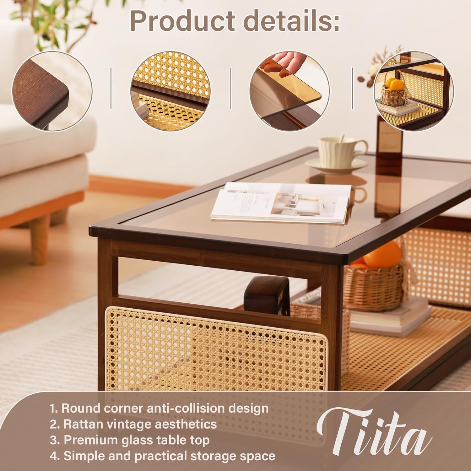 Coffee Tables for Living Room，Mid Century Modern Storage 2-Tier Coffee Tables，Rattan Glass Rectangletables，Suitable for Living Room Apartment，Brown