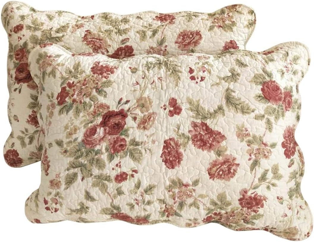 Boho Floral Patchwork Pillow Shams Pack of 2 Farmhouse 100% Cotton Quilted Soft Decorative Pillow Cases Set (Flower,King)